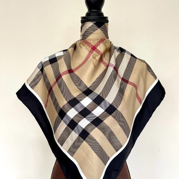 NWT Burberry Scarf Classic Beige Check Pattern Black Border Silk SWrap - Picture 2 of 14